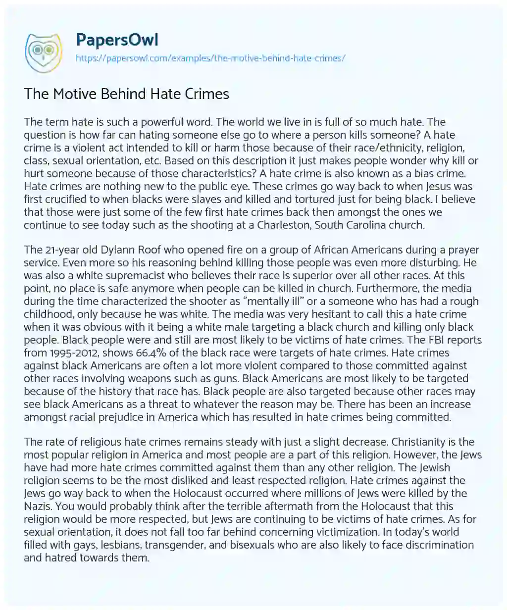Essay on The Motive Behind Hate Crimes