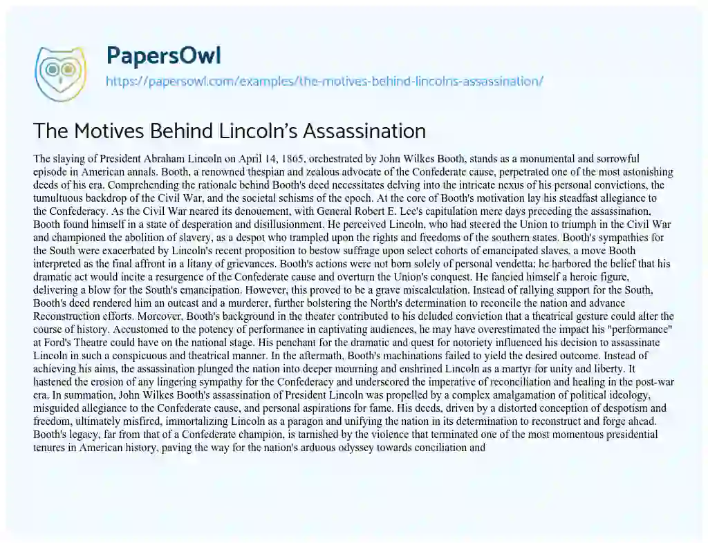 Essay on The Motives Behind Lincoln’s Assassination
