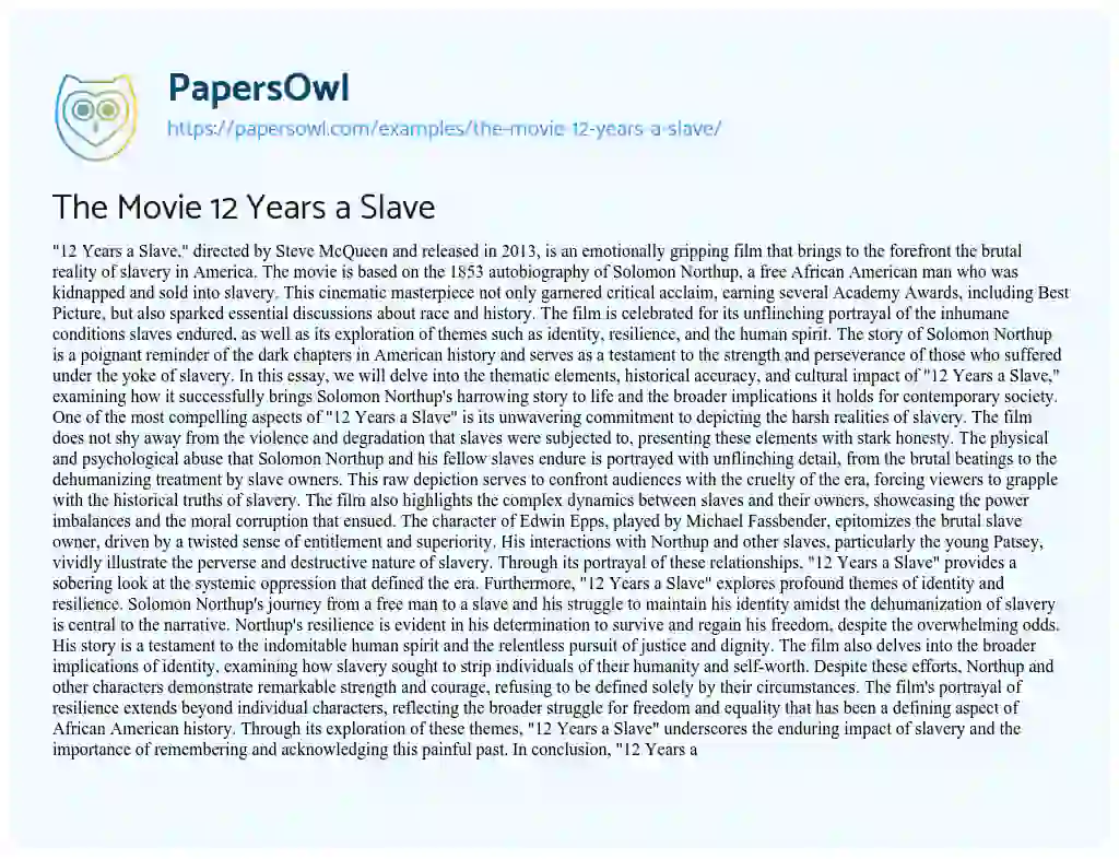 Essay on The Movie 12 Years a Slave