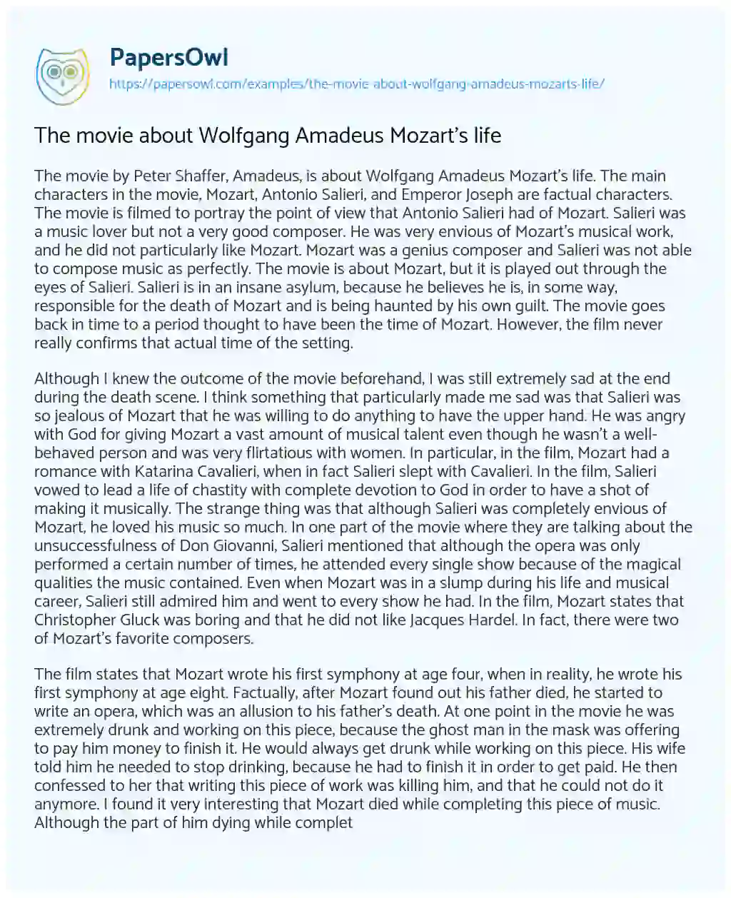 Essay on The Movie about Wolfgang Amadeus Mozart’s Life