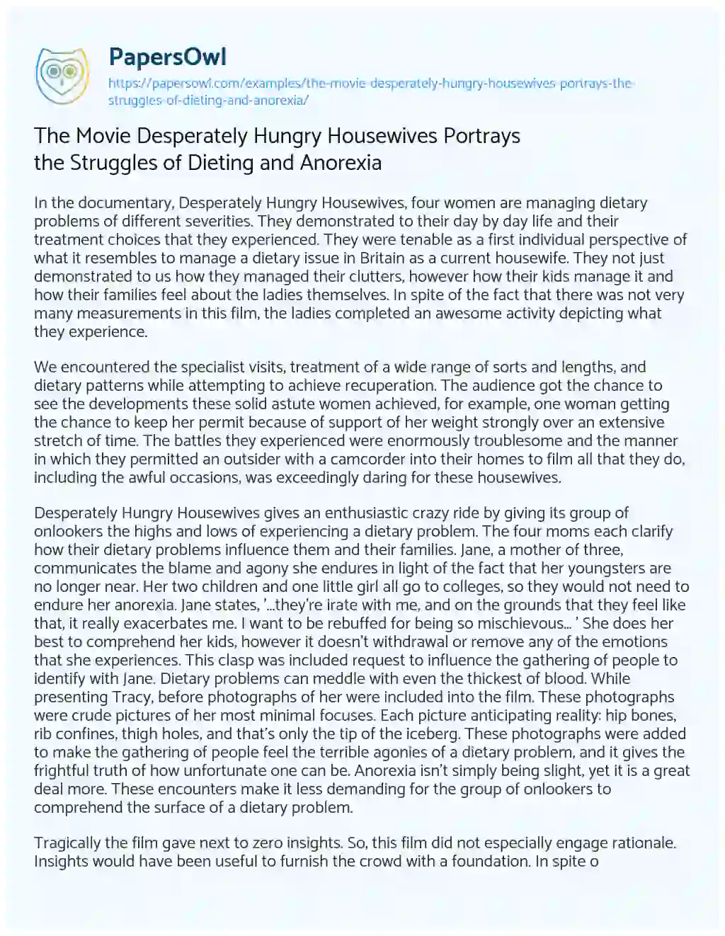 Essay on The Movie Desperately Hungry Housewives Portrays the Struggles of Dieting and Anorexia