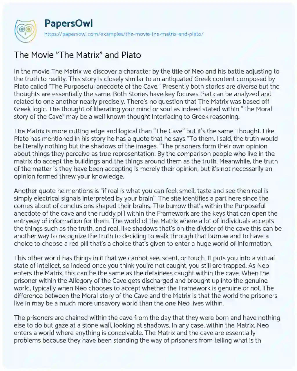 Essay on The Movie “The Matrix” and Plato