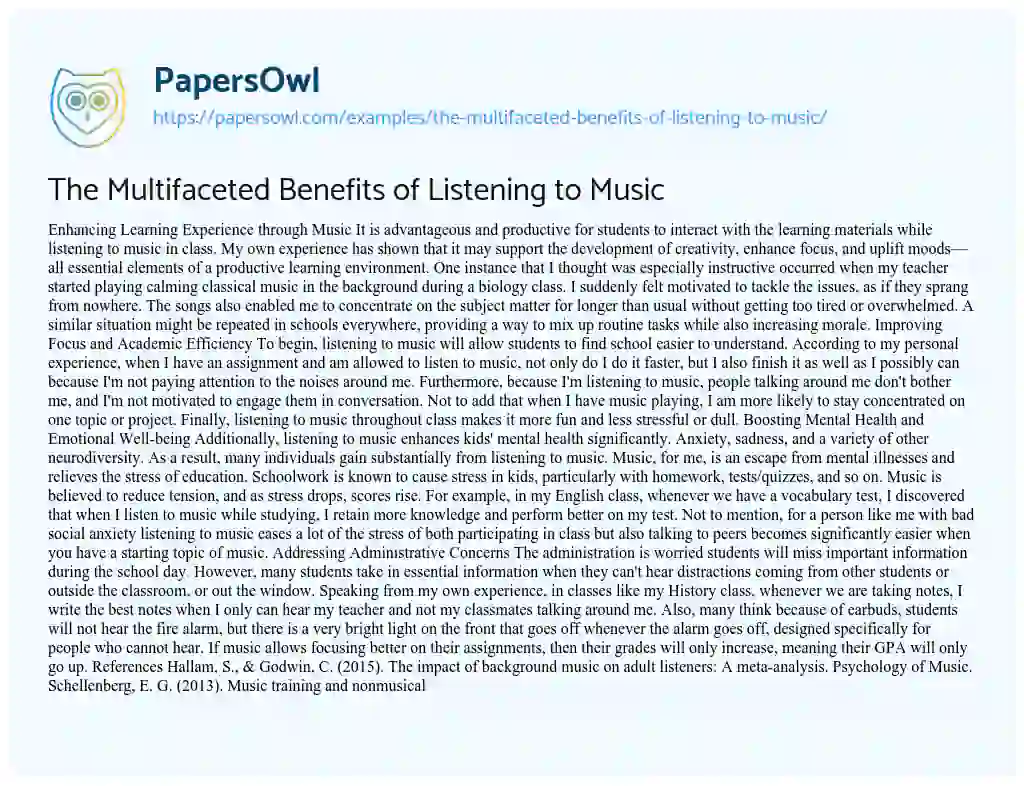 Essay on The Multifaceted Benefits of Listening to Music