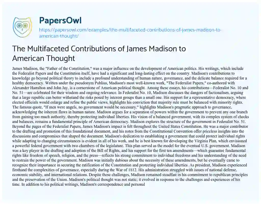 Essay on The Multifaceted Contributions of James Madison to American Thought