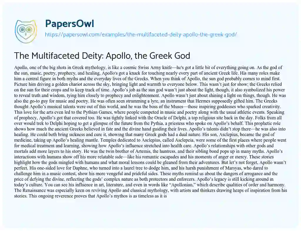 Essay on The Multifaceted Deity: Apollo, the Greek God