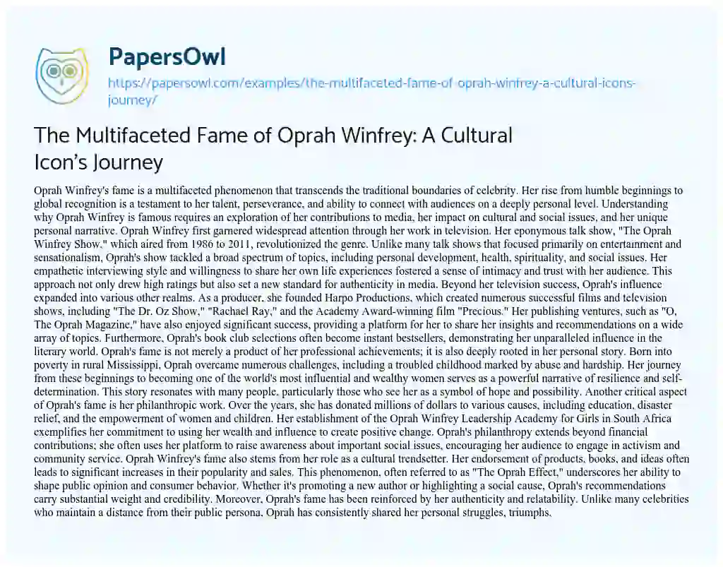 Essay on The Multifaceted Fame of Oprah Winfrey: a Cultural Icon’s Journey