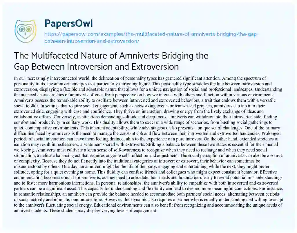 Essay on The Multifaceted Nature of Amniverts: Bridging the Gap between Introversion and Extroversion