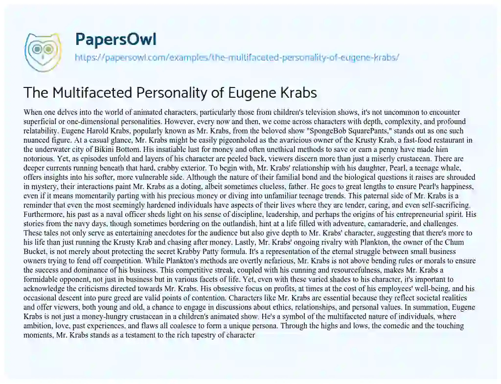 Essay on The Multifaceted Personality of Eugene Krabs