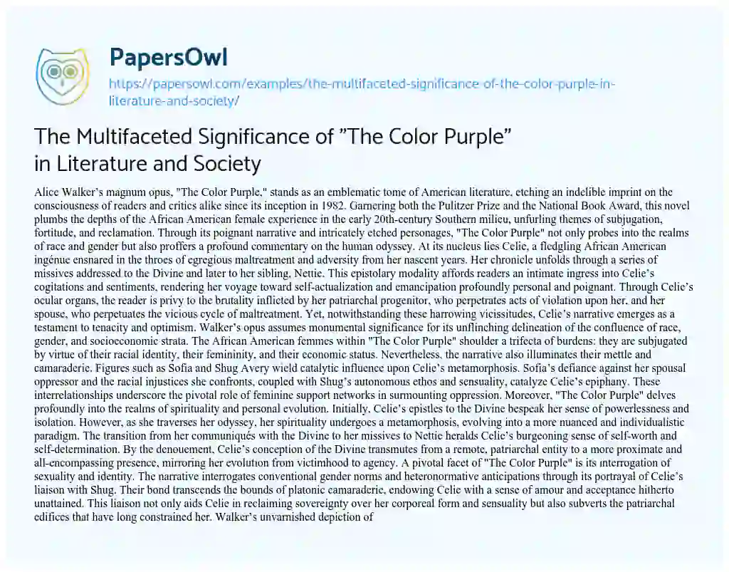 Essay on The Multifaceted Significance of “The Color Purple” in Literature and Society