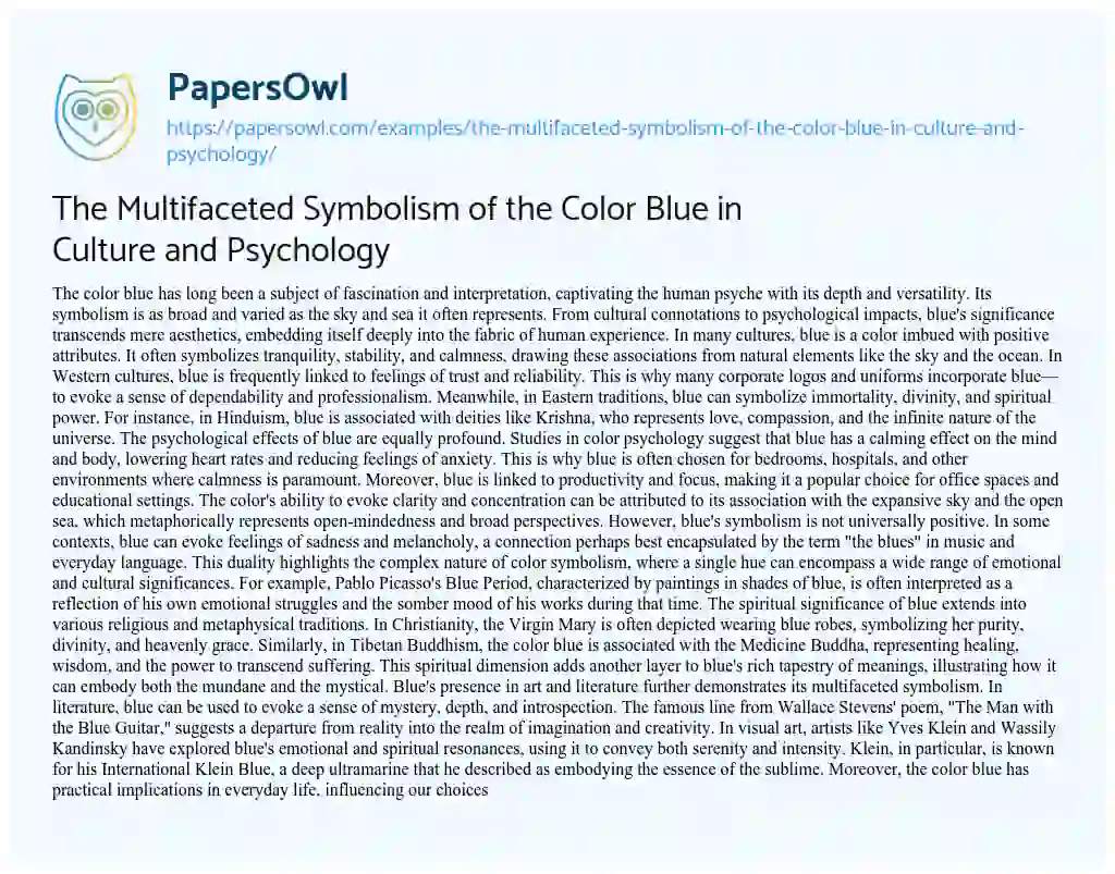 Essay on The Multifaceted Symbolism of the Color Blue in Culture and Psychology