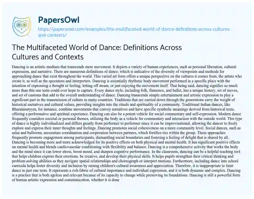 Essay on The Multifaceted World of Dance: Definitions Across Cultures and Contexts