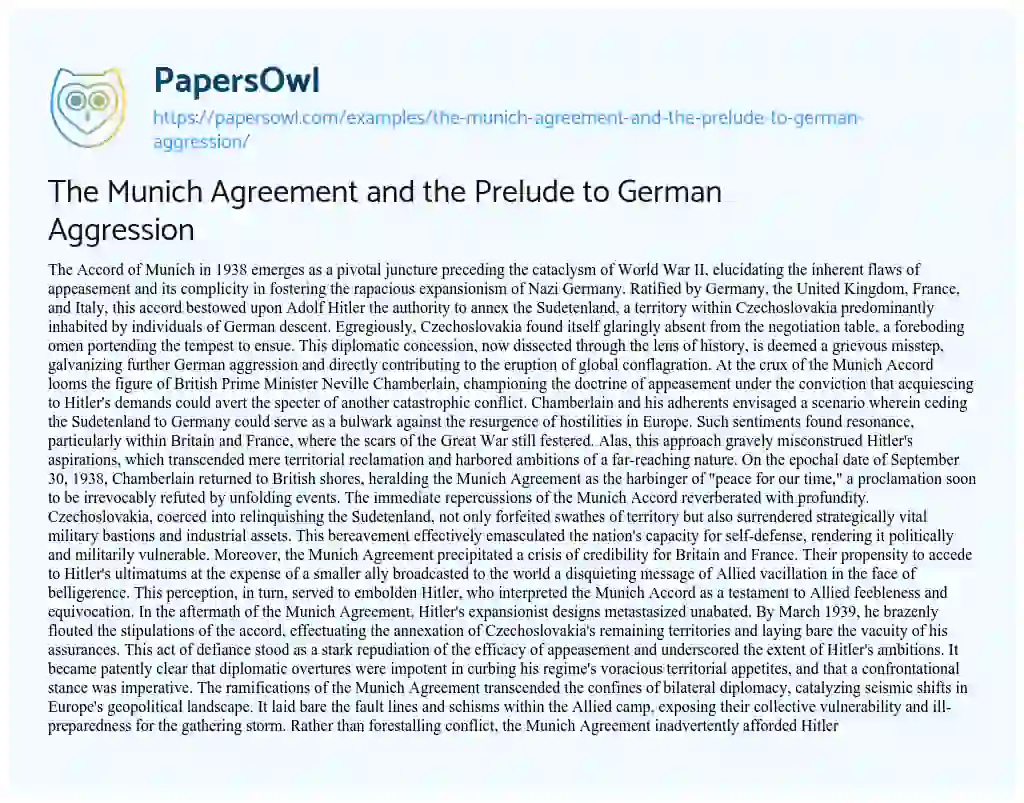 Essay on The Munich Agreement and the Prelude to German Aggression