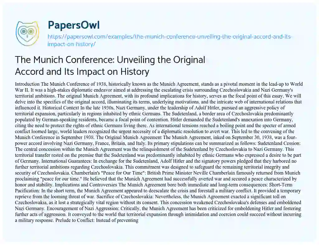 Essay on The Munich Conference: Unveiling the Original Accord and its Impact on History