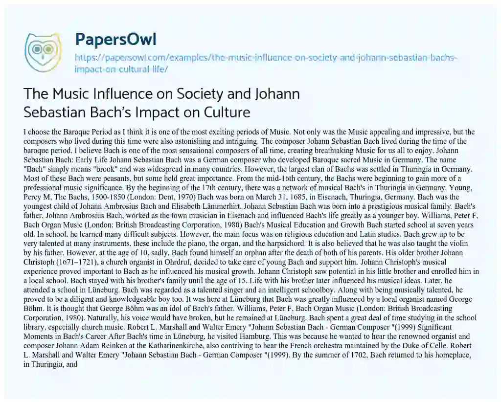 Essay on The Music Influence on Society and Johann Sebastian Bach’s Impact on Culture