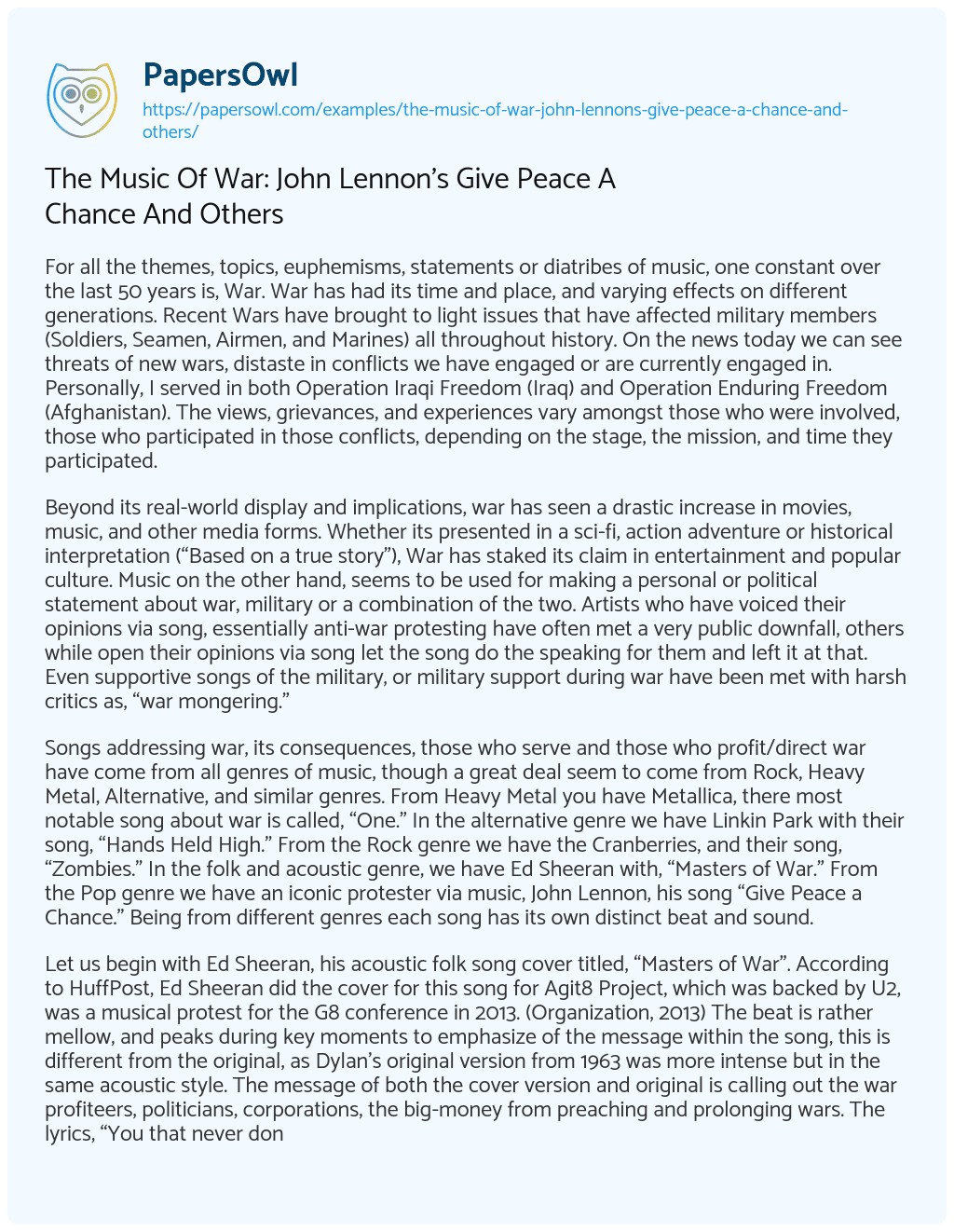 Essay on The Music of War: John Lennon’s Give Peace a Chance and Others