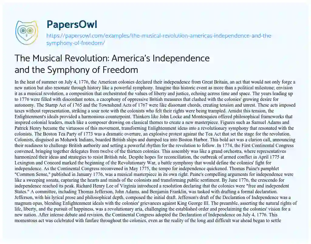 Essay on The Musical Revolution: America’s Independence and the Symphony of Freedom