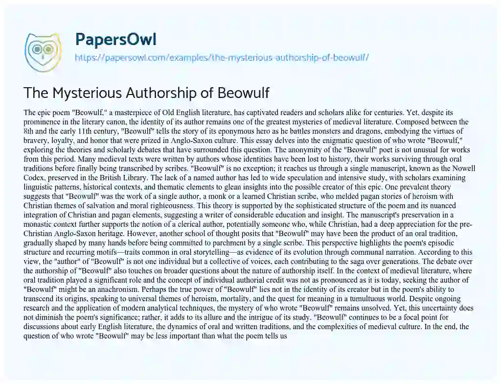 Essay on The Mysterious Authorship of Beowulf
