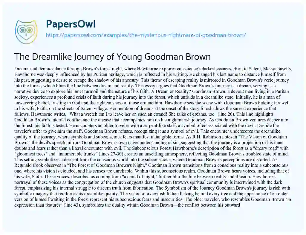 Essay on The Mysterious Nightmare of Goodman Brown