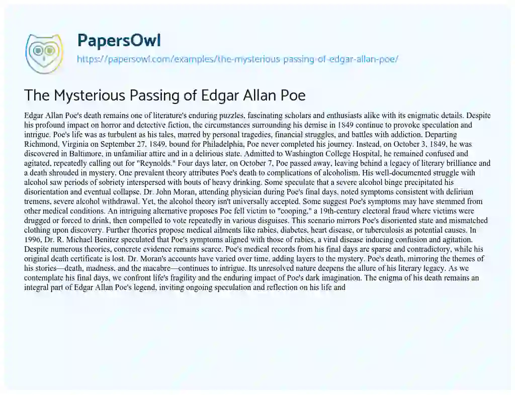 Essay on The Mysterious Passing of Edgar Allan Poe