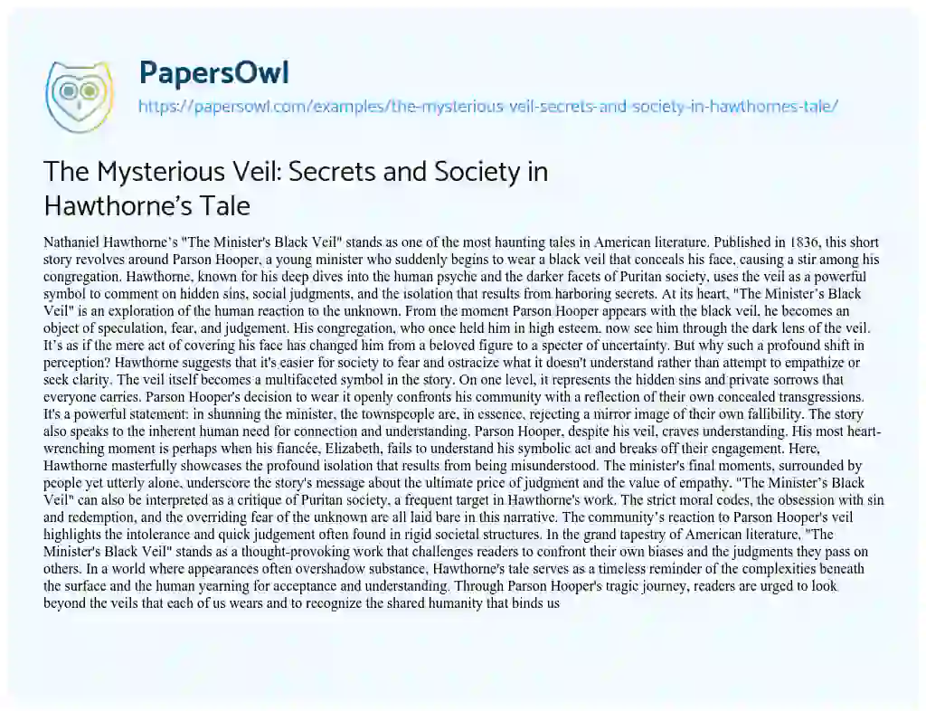 Essay on The Mysterious Veil: Secrets and Society in Hawthorne’s Tale