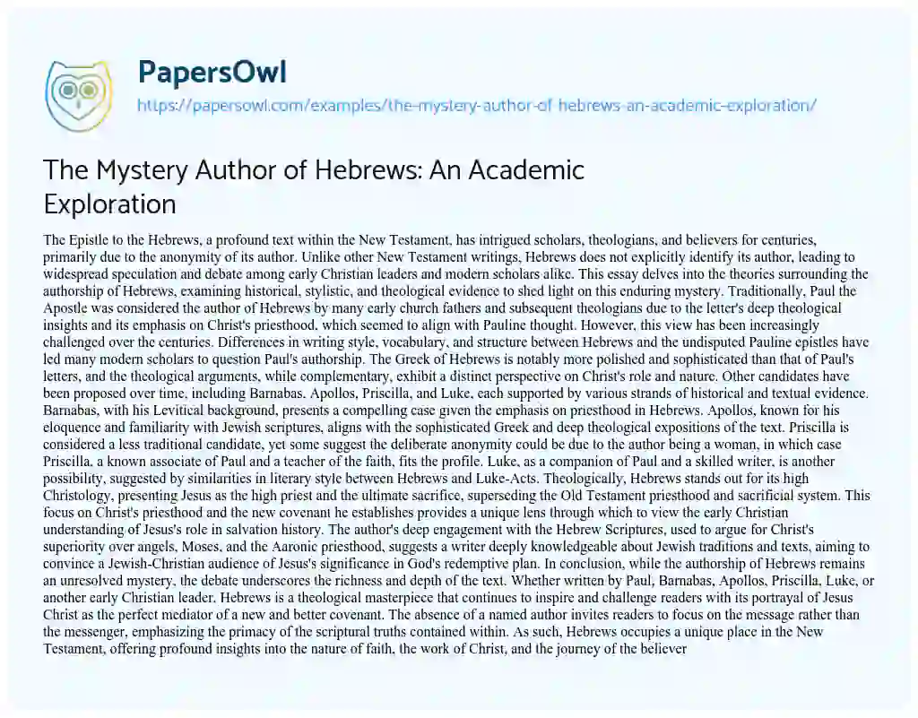 Essay on The Mystery Author of Hebrews: an Academic Exploration