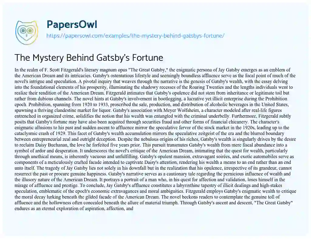 Essay on The Mystery Behind Gatsby’s Fortune