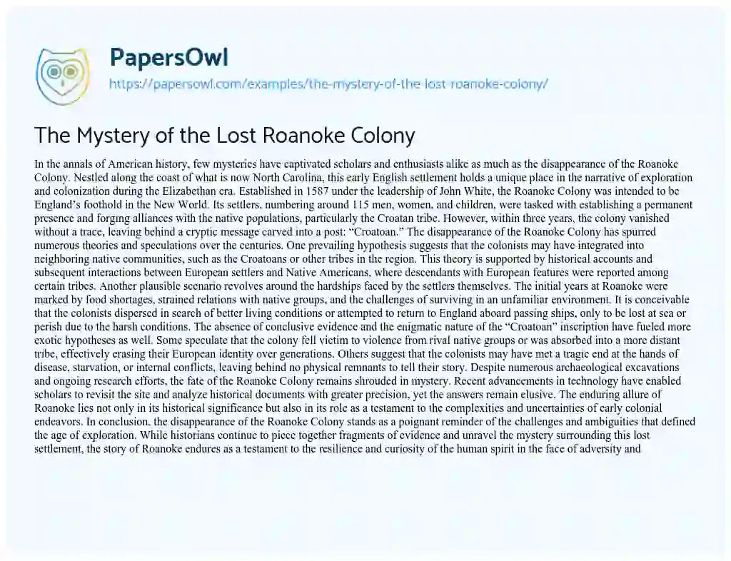 Essay on The Mystery of the Lost Roanoke Colony