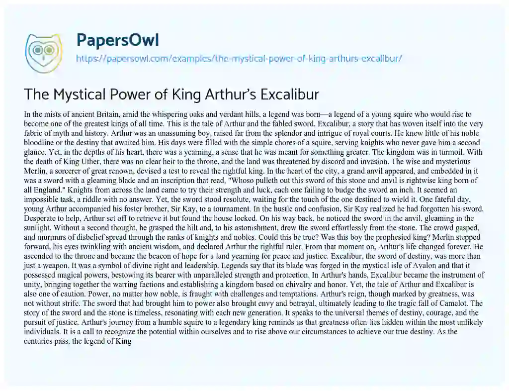 Essay on The Mystical Power of King Arthur’s Excalibur