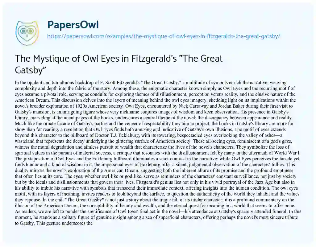 Essay on The Mystique of Owl Eyes in Fitzgerald’s “The Great Gatsby”