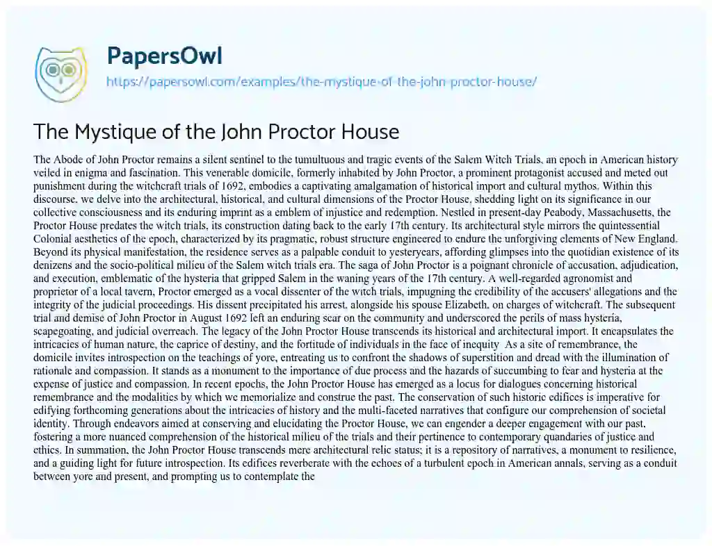 Essay on The Mystique of the John Proctor House