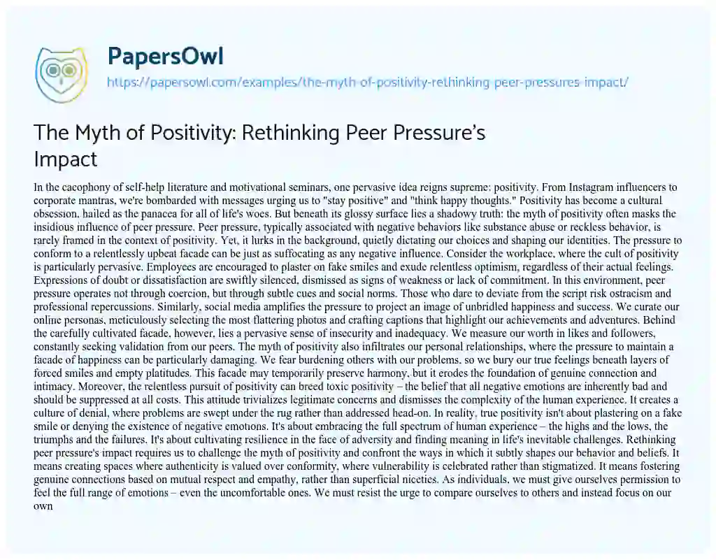 Essay on The Myth of Positivity: Rethinking Peer Pressure’s Impact