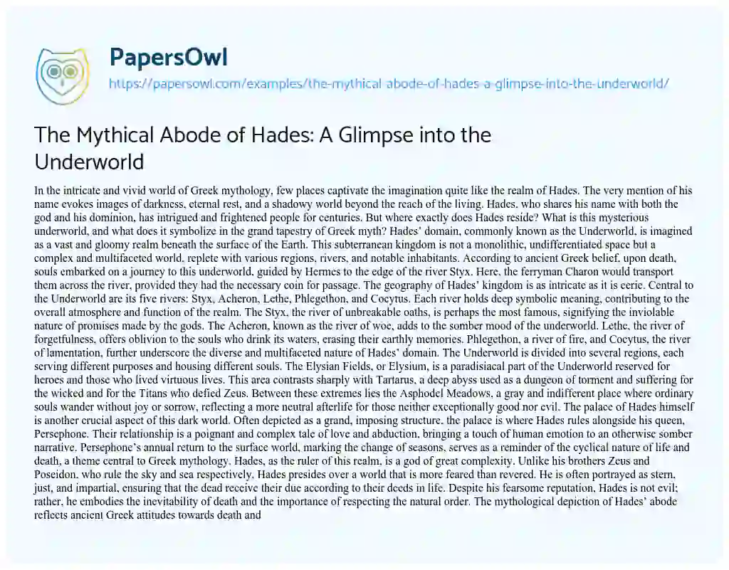 Essay on The Mythical Abode of Hades: a Glimpse into the Underworld