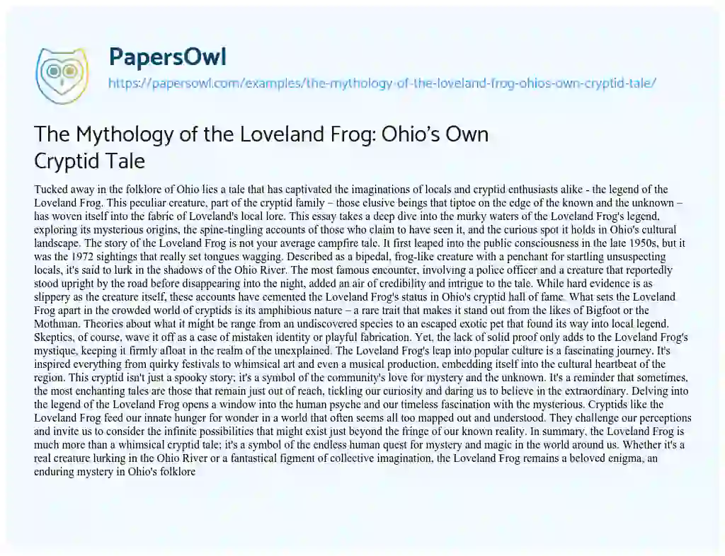 Essay on The Mythology of the Loveland Frog: Ohio’s own Cryptid Tale