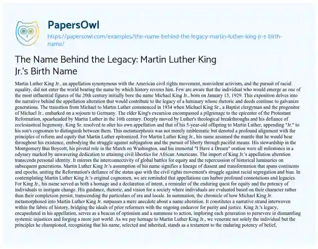 Essay on The Name Behind the Legacy: Martin Luther King Jr.’s Birth Name