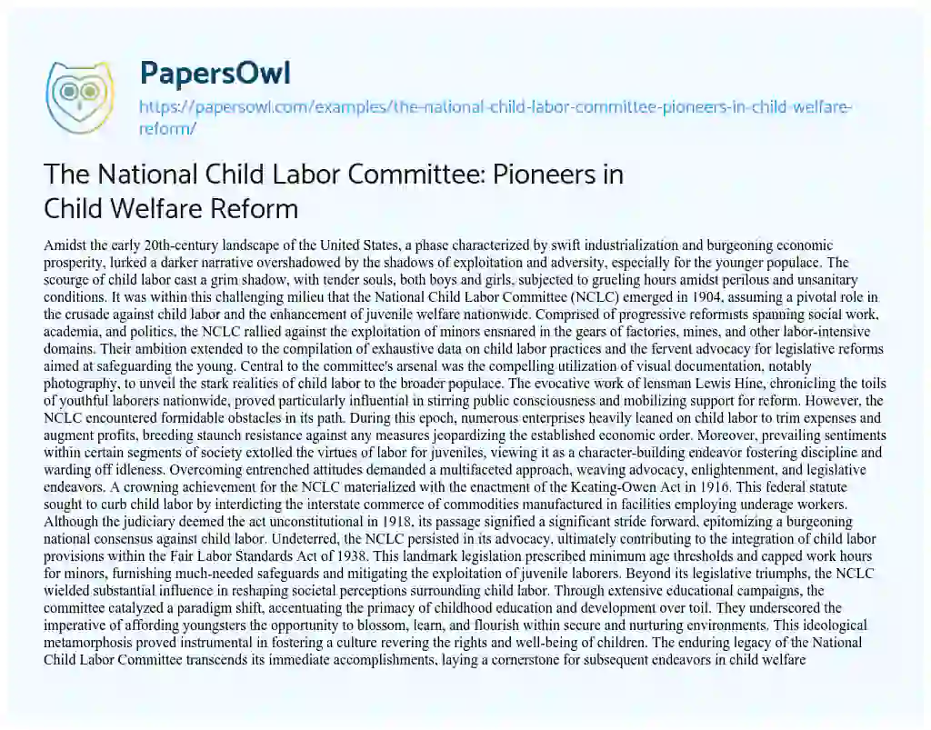 Essay on The National Child Labor Committee: Pioneers in Child Welfare Reform