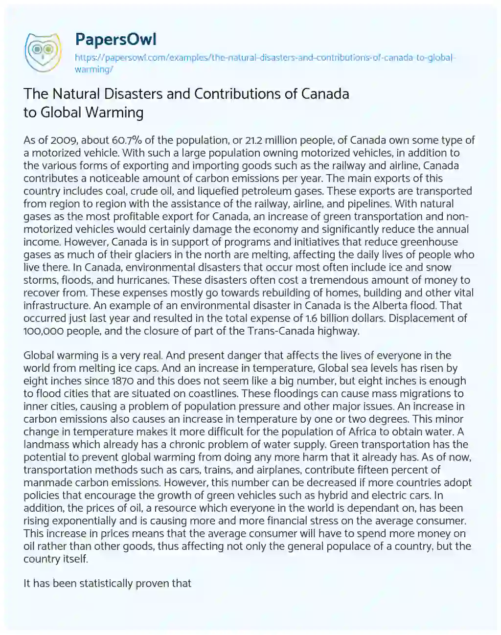 Essay on The Natural Disasters and Contributions of Canada to Global Warming