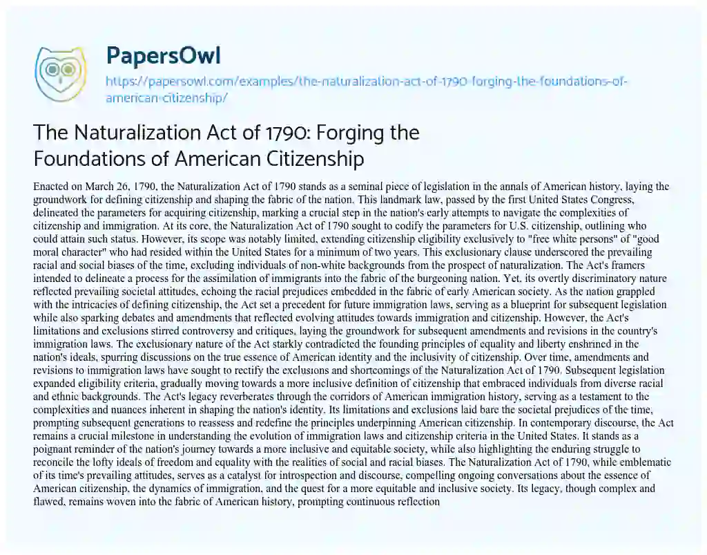 Essay on The Naturalization Act of 1790: Forging the Foundations of American Citizenship