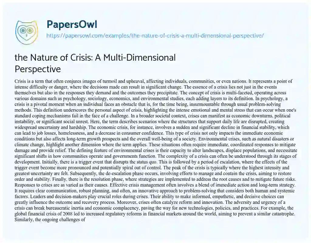 Essay on the Nature of Crisis: a Multi-Dimensional Perspective