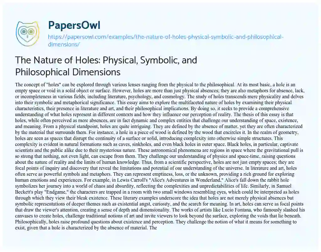 Essay on The Nature of Holes: Physical, Symbolic, and Philosophical Dimensions