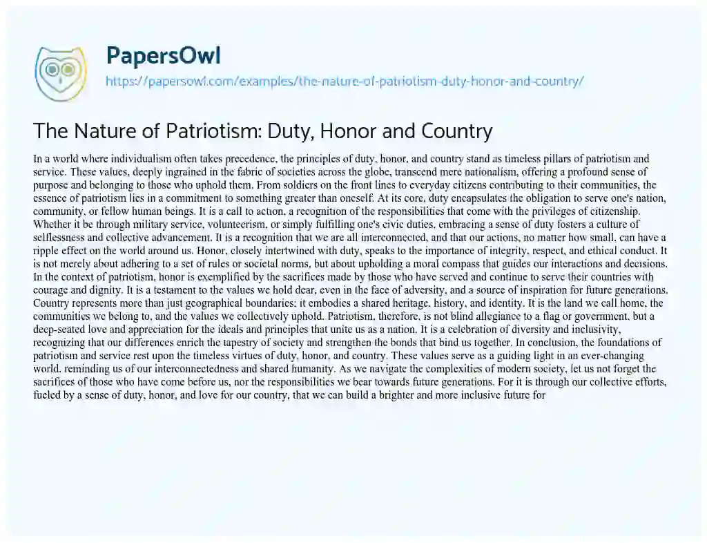 Essay on The Nature of Patriotism: Duty, Honor and Country