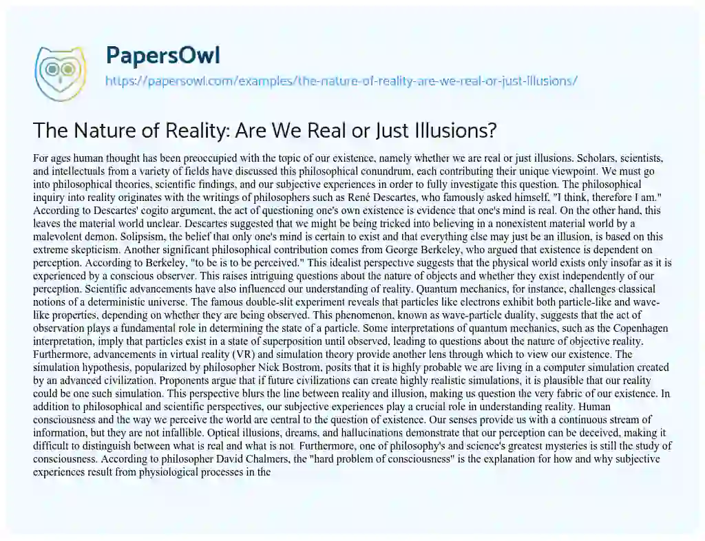 Essay on The Nature of Reality: are we Real or Just Illusions?