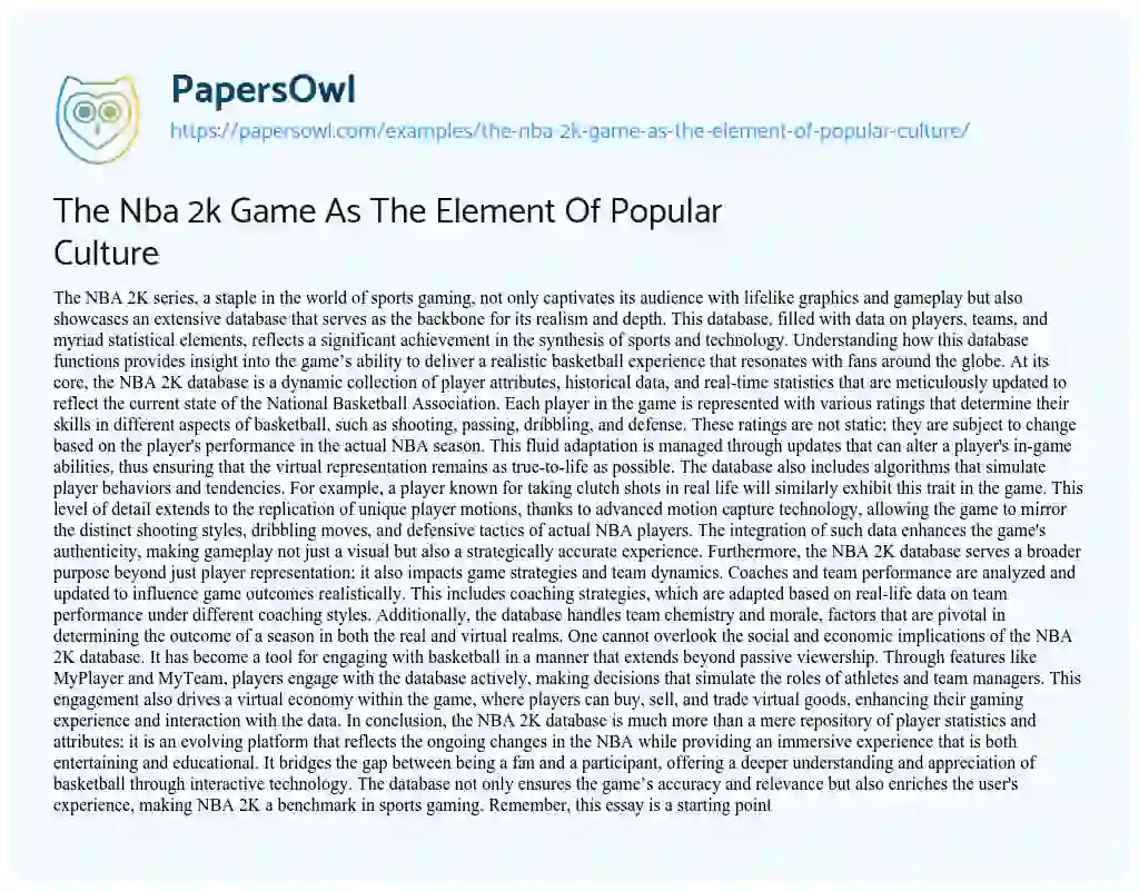 Essay on The Nba 2k Game as the Element of Popular Culture