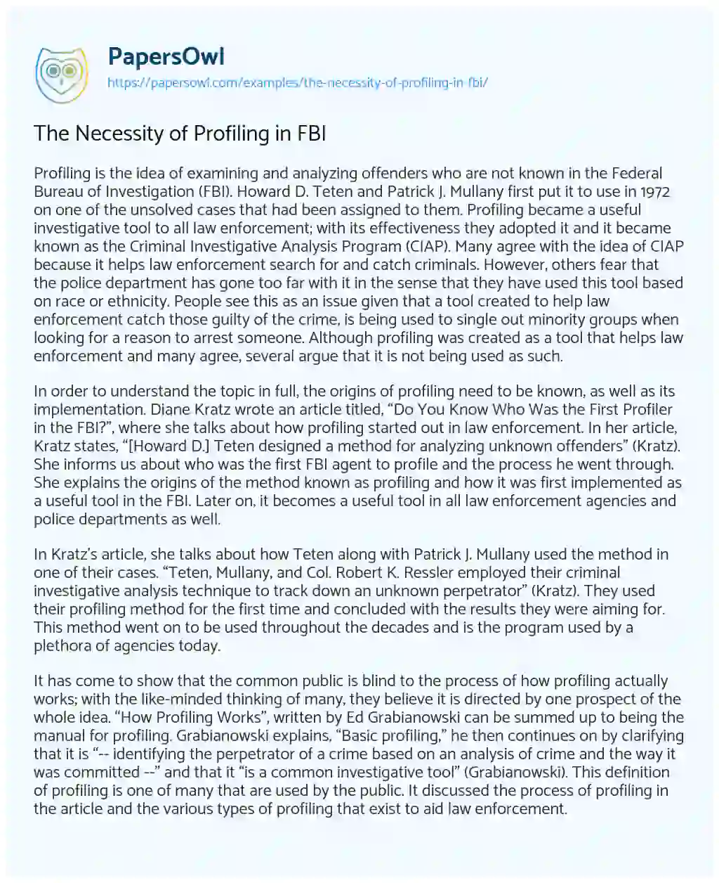 The Necessity of Profiling in FBI essay