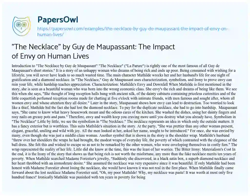 Essay on “The Necklace” by Guy De Maupassant: the Impact of Envy on Human Lives