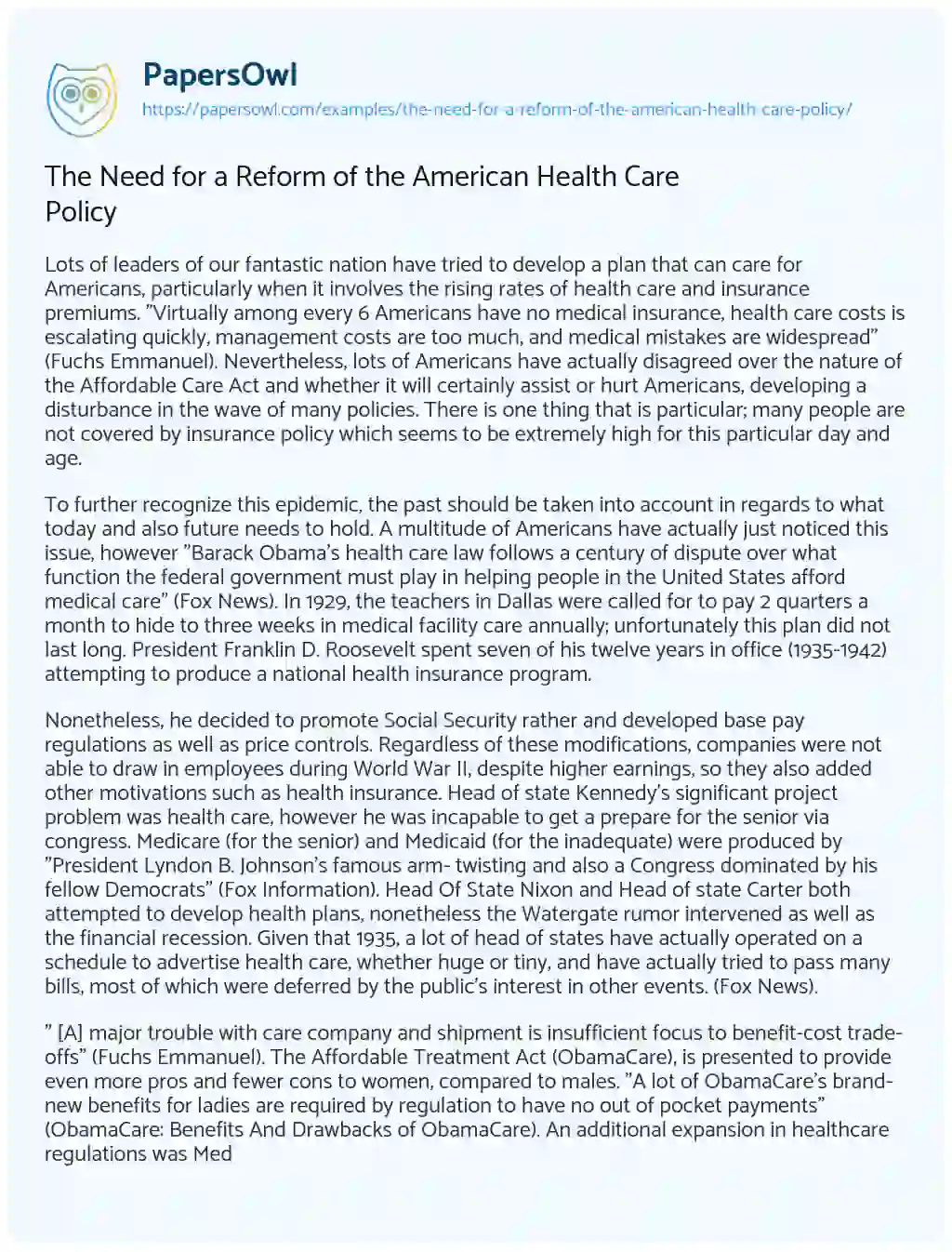 Essay on The Need for a Reform of the American Health Care Policy