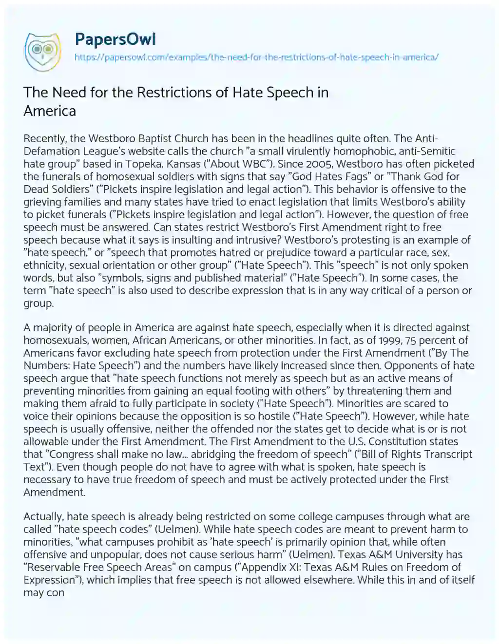 Essay on The Need for the Restrictions of Hate Speech in America