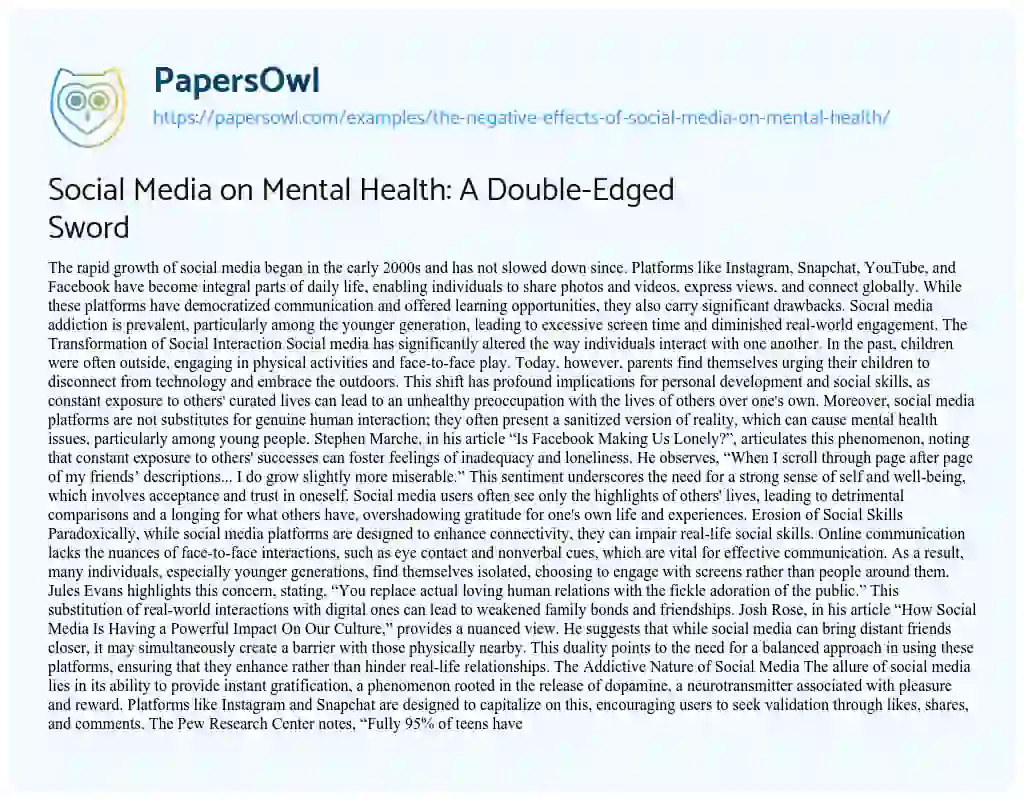 Essay on The Negative Effects of Social Media on Mental Health