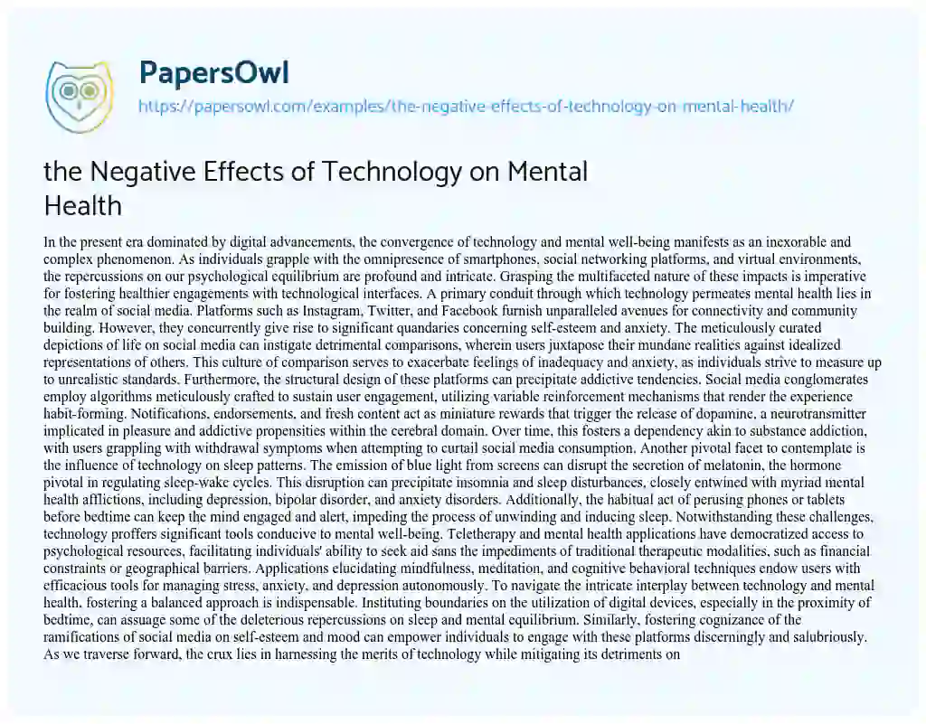 Essay on the Negative Effects of Technology on Mental Health