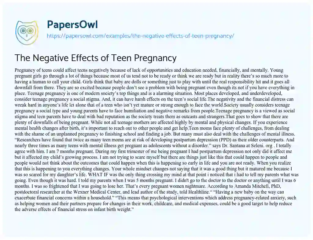 Essay on The Negative Effects of Teen Pregnancy
