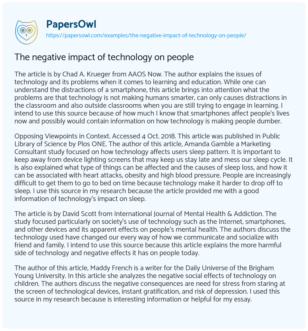 negative impact of technology in our daily life essay